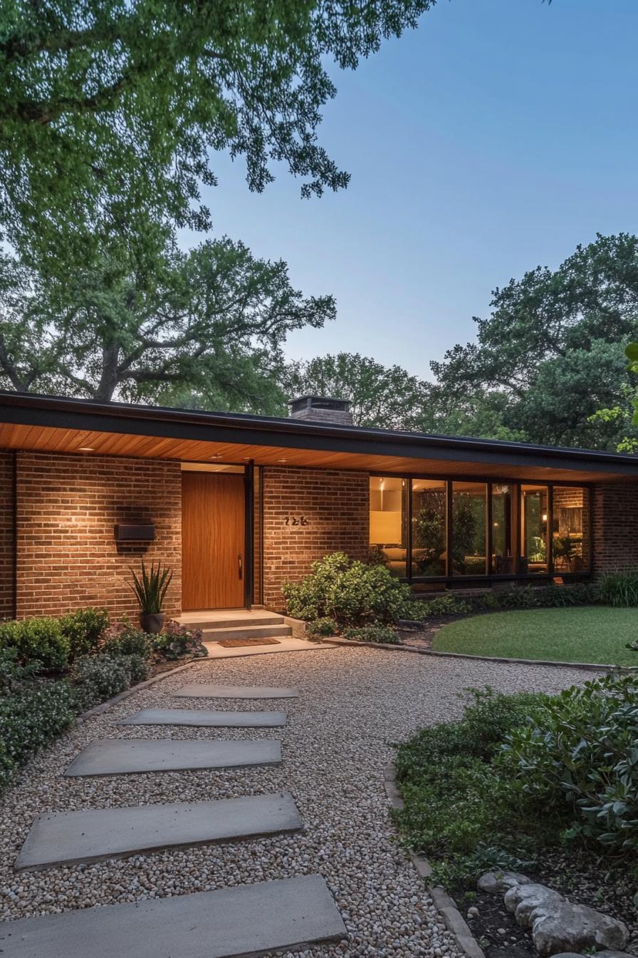 Brick house with wooden door, surrounded by lush greenery