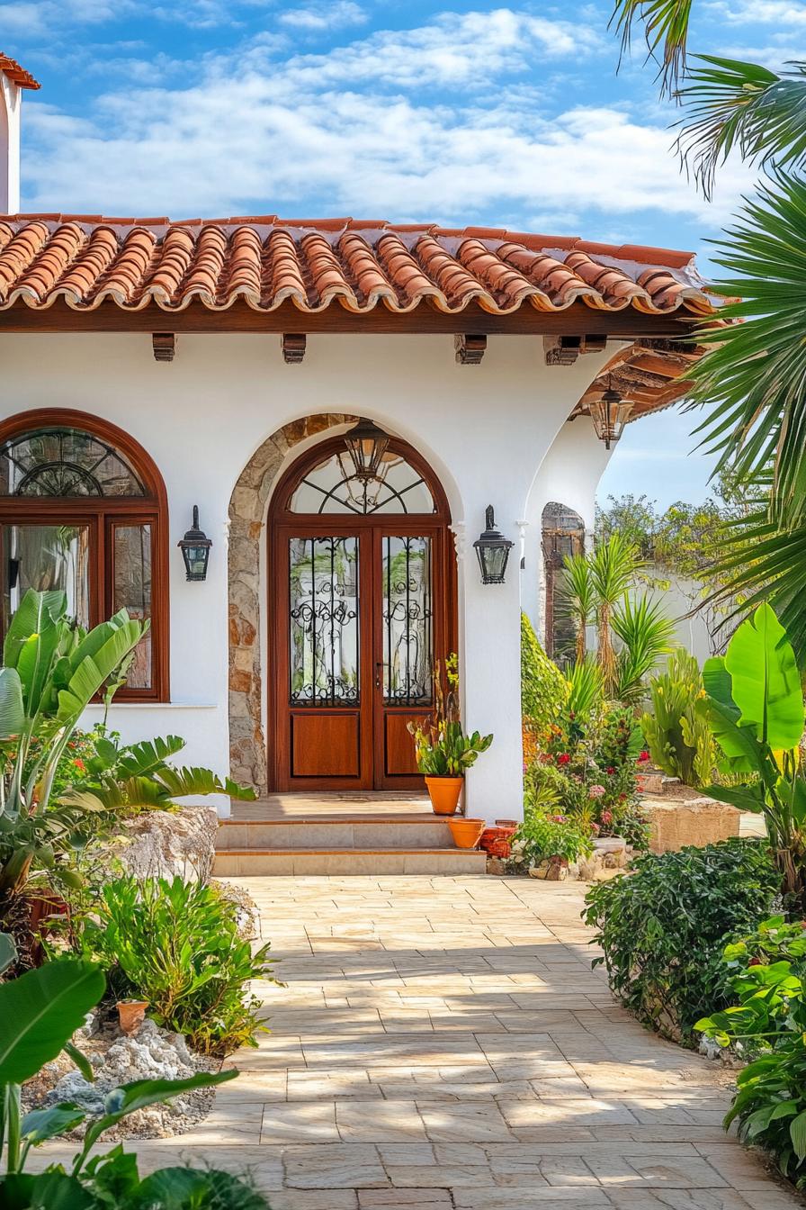 White-walled bungalow with terracotta roof and lush garden