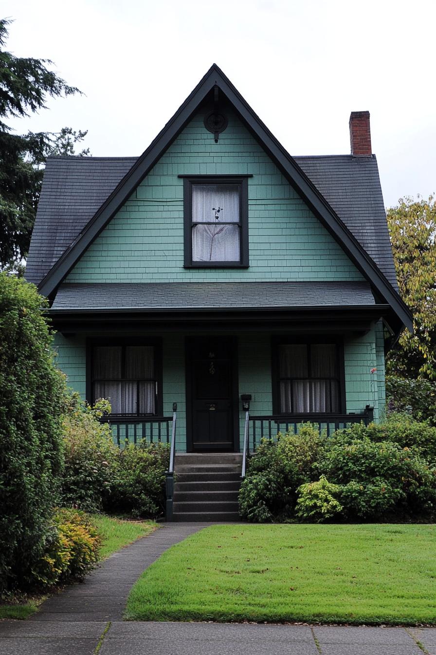 Charming mint green house with steep gabled roof