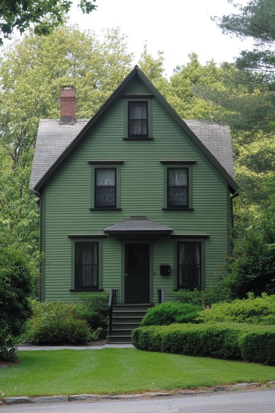 A quaint green gabled house surrounded by lush greenery