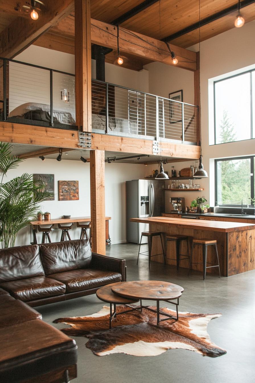 Modern rustic loft with wooden beams and open-plan design