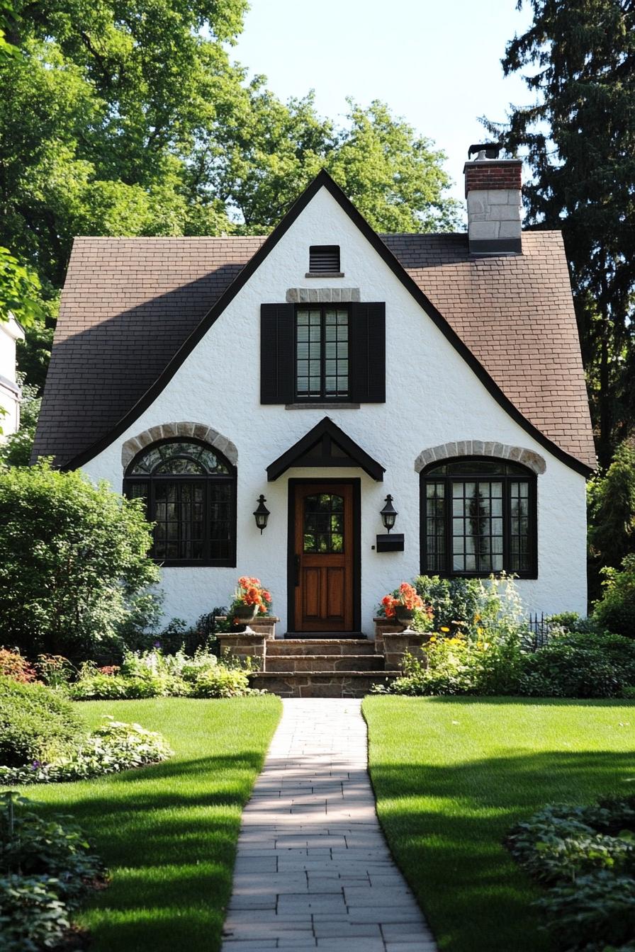 Charming white cottage with steep roof and lush garden