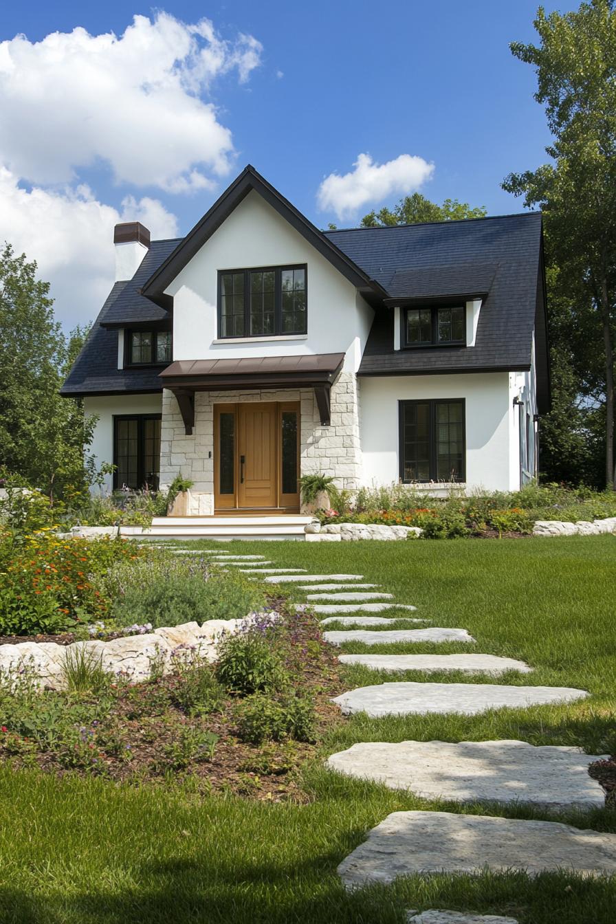 Classic cottage with a stone path and lush garden