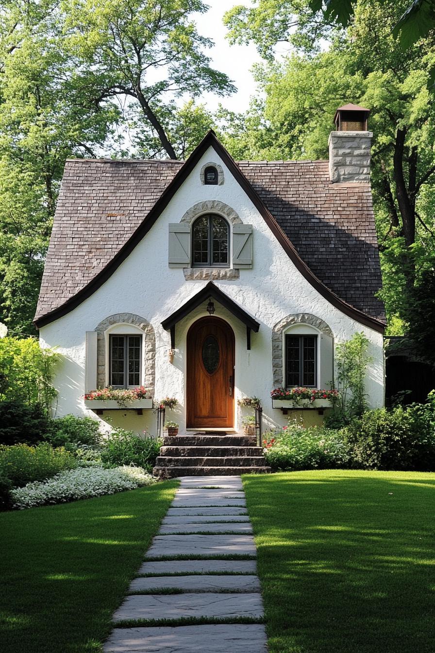 Quaint cottage with arched roof set amid lush greenery