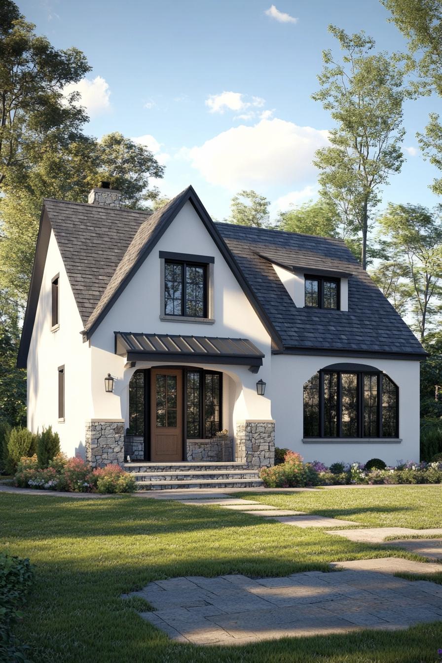 Inviting cottage with stone accents and lush gardens