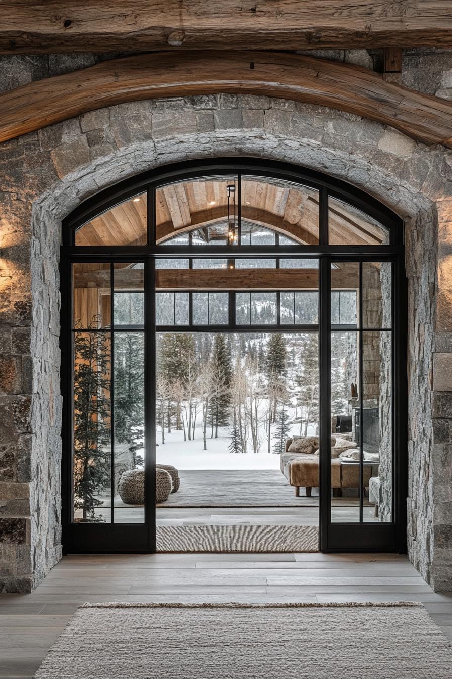 Elegant stone archway framing a wintry landscape