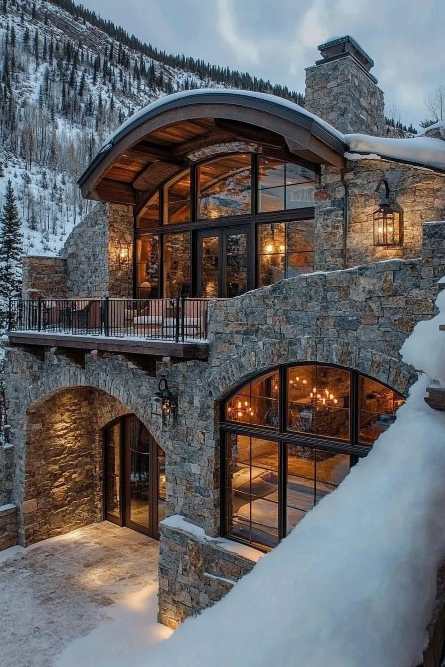 Stone house with snowy background and warm lights