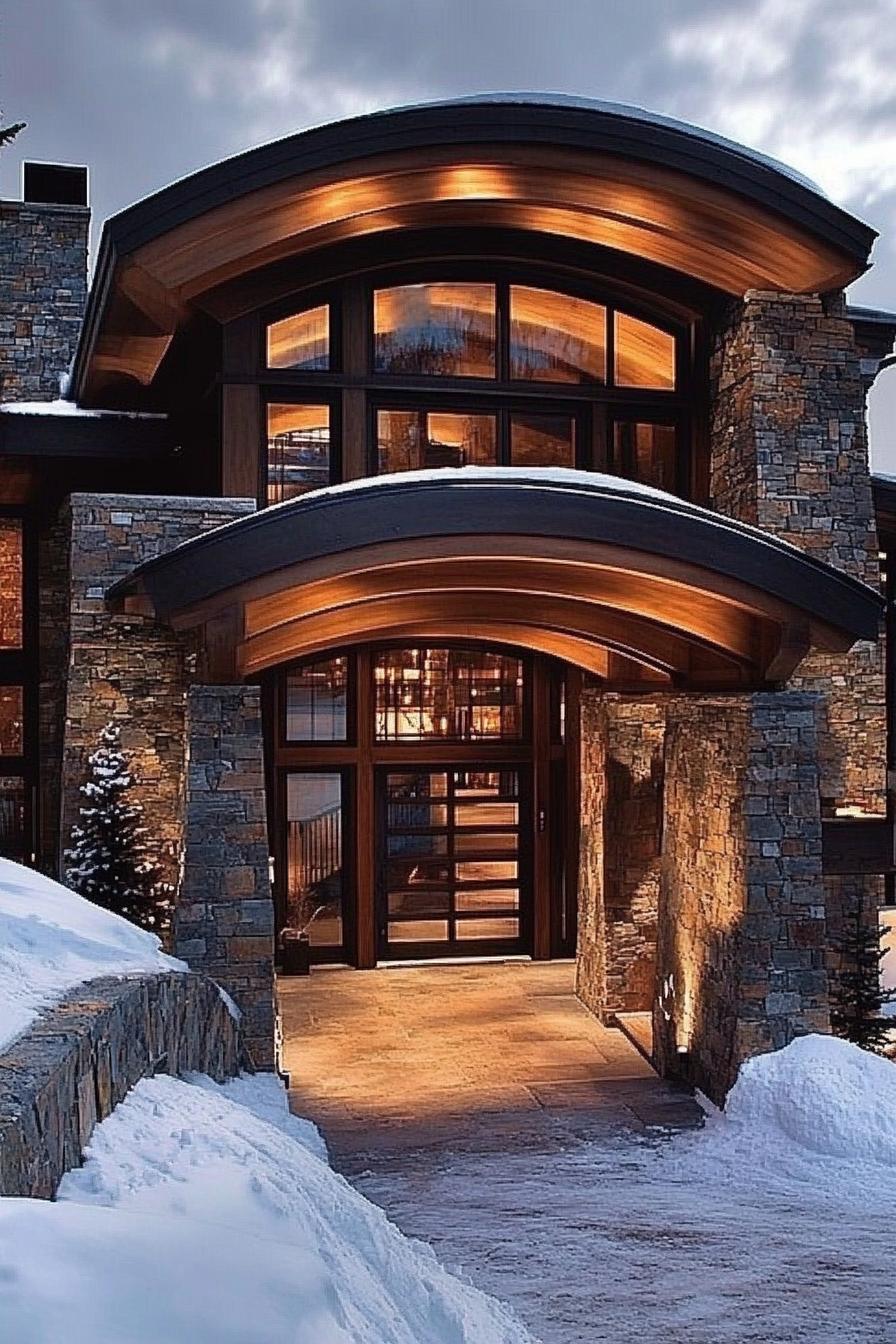 Elegant stone house with glowing wooden arches