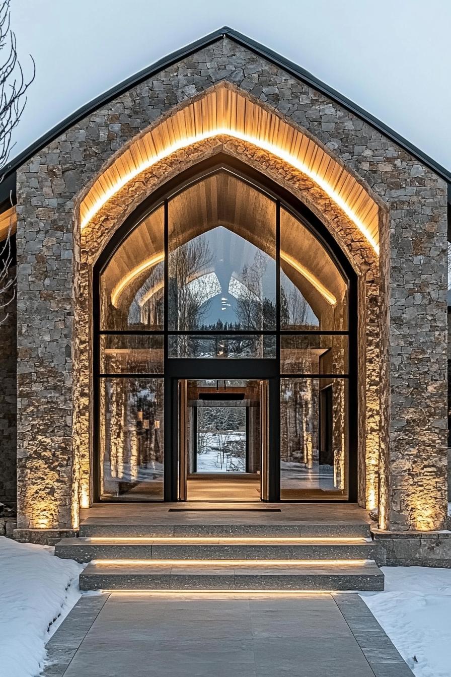 Modern stone house entrance with arched windows and warm lighting