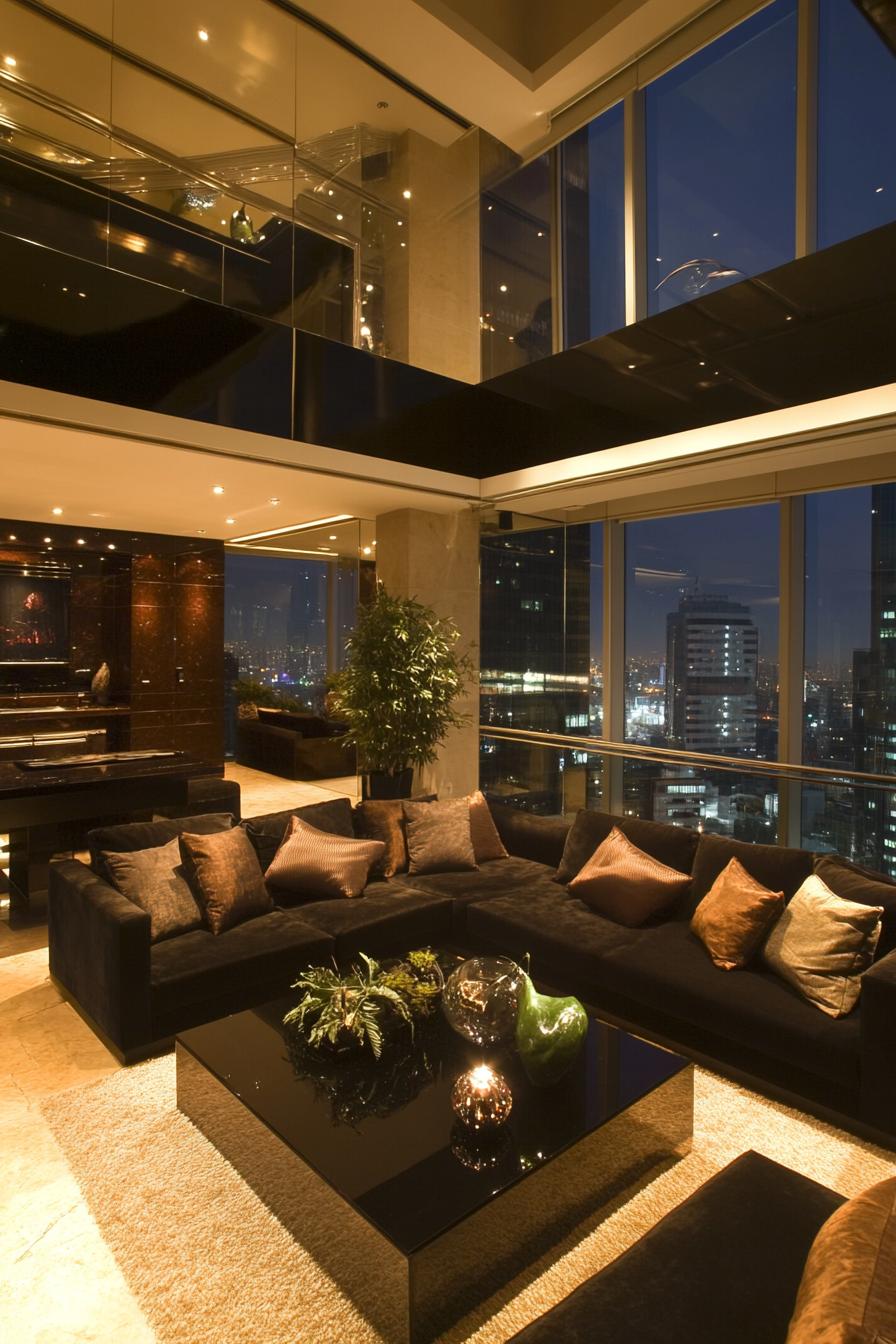 Luxurious penthouse living room with city views