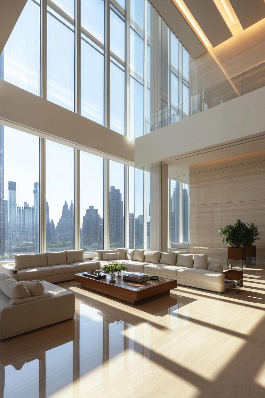 Luxurious penthouse living room with floor-to-ceiling windows and city view