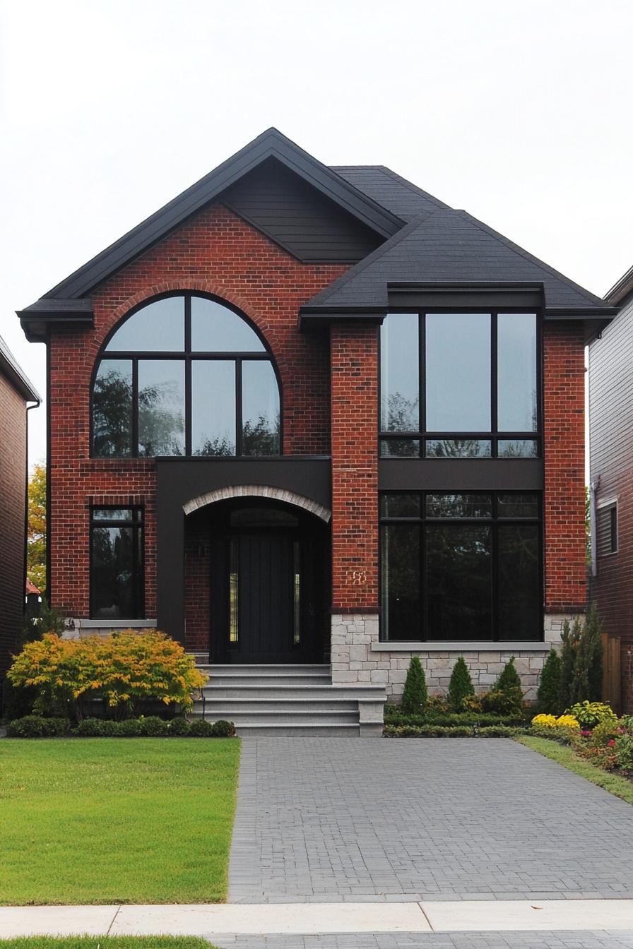 Modern suburban house with large windows and a brick facade