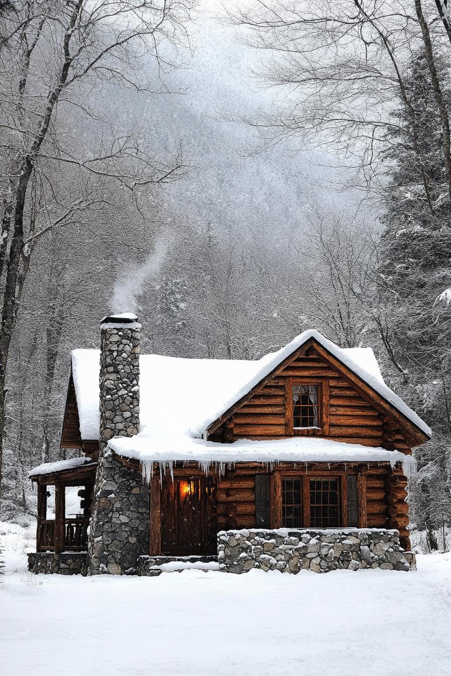 Rustic log cabin dusted with snow and icicles