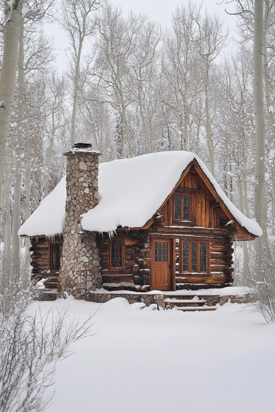 Log cabin covered in snow with a stone chimney surrounded by bare trees