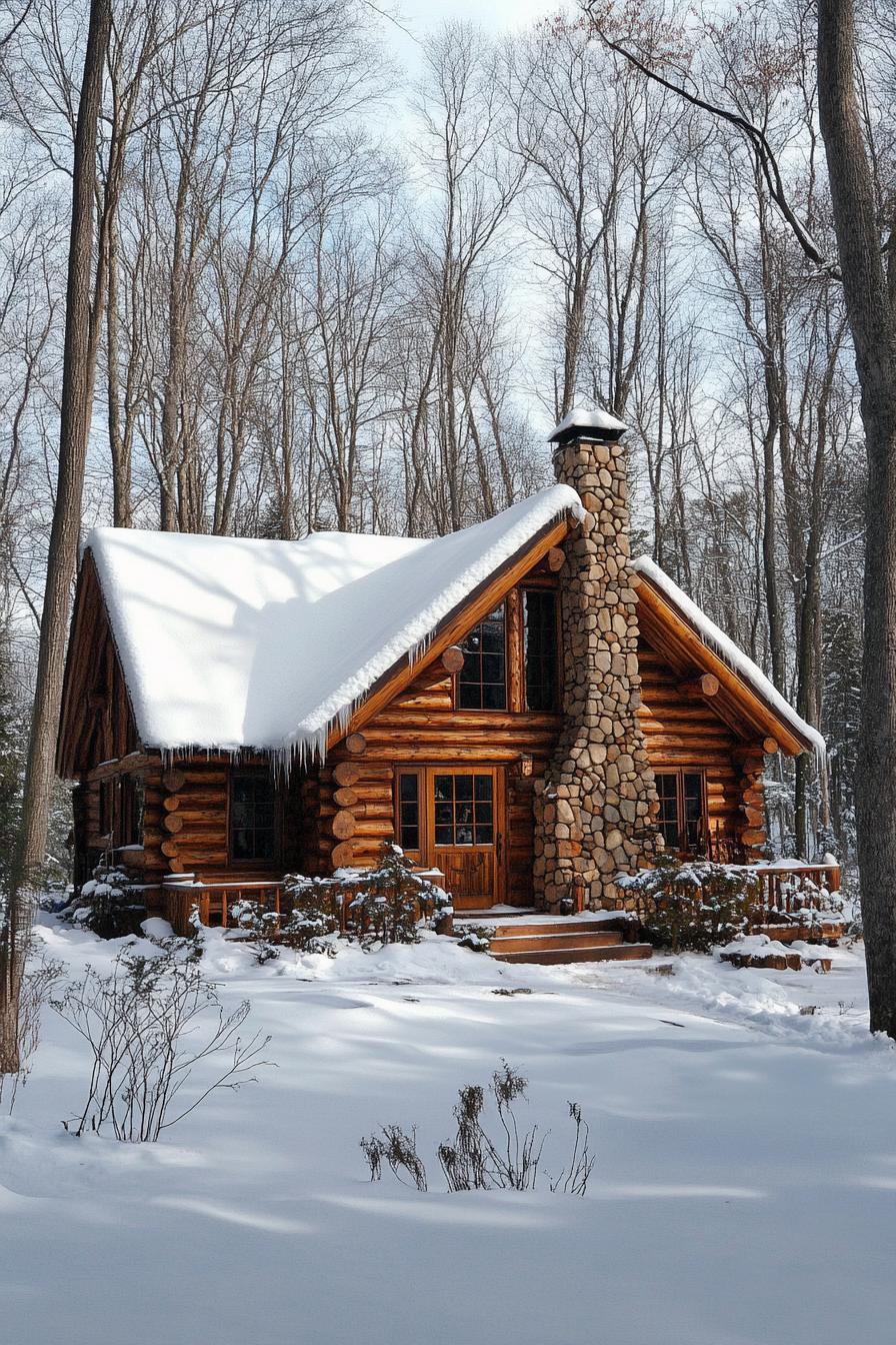 Log cabin with snowy roof surrounded by trees