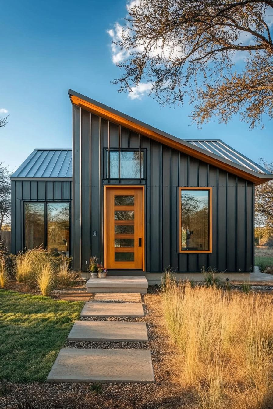 Small metal house with wooden accents and a sloped roof