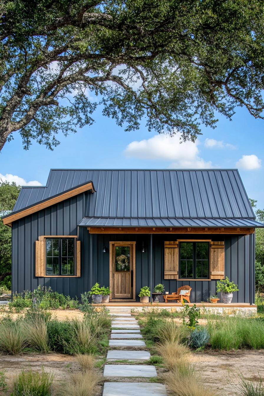 Charming small metal house with a tin roof and wooden accents