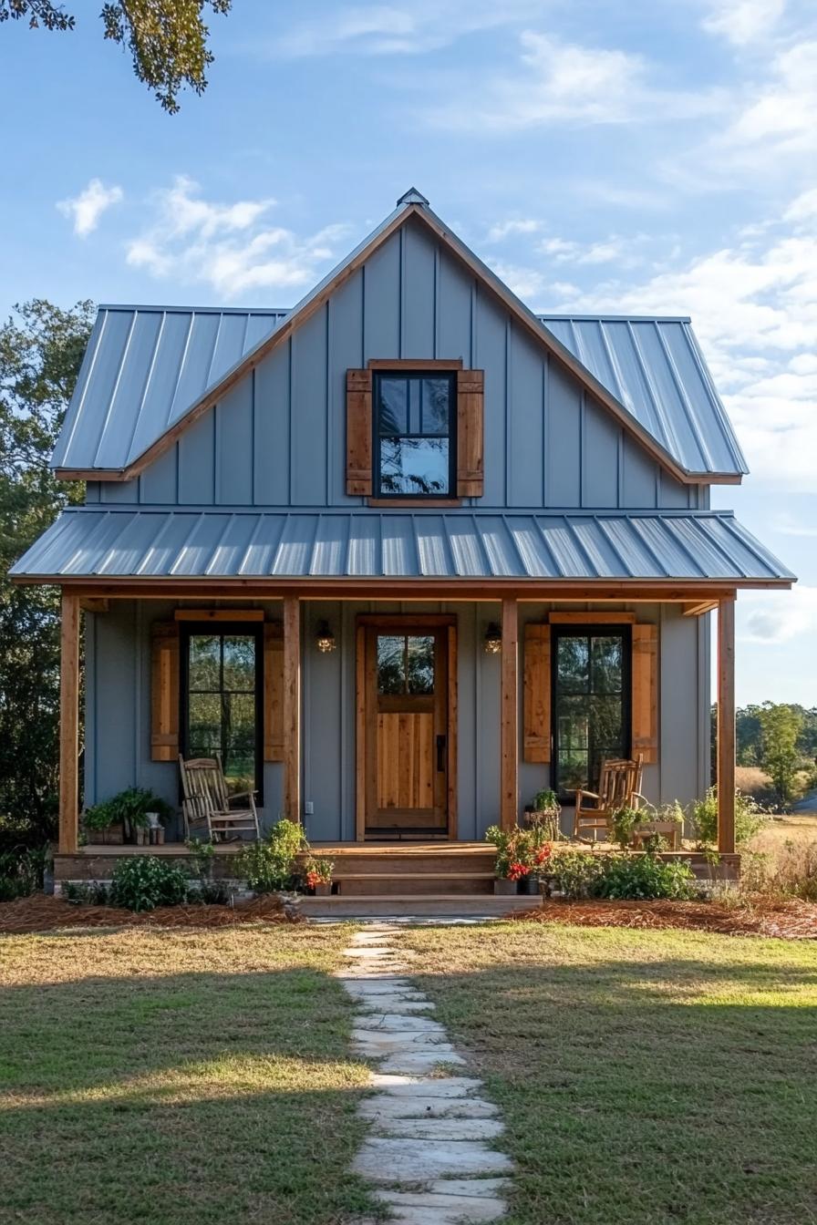 Compact metal house with a gabled roof and rocking chairs on the porch