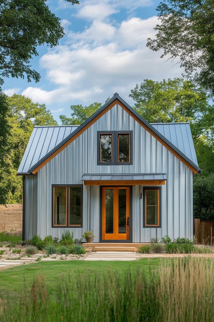 Small metal house with wooden accents and a gabled roof