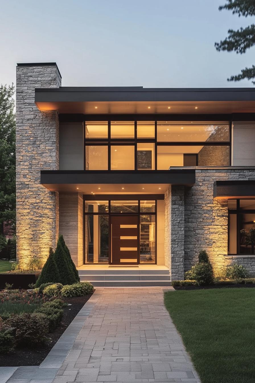 Modern stone facade with illuminated entrance