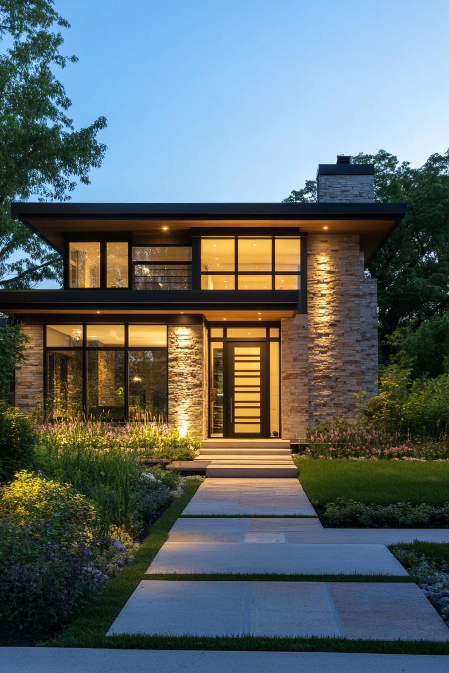 Modern house with glass, stone, and warm lighting