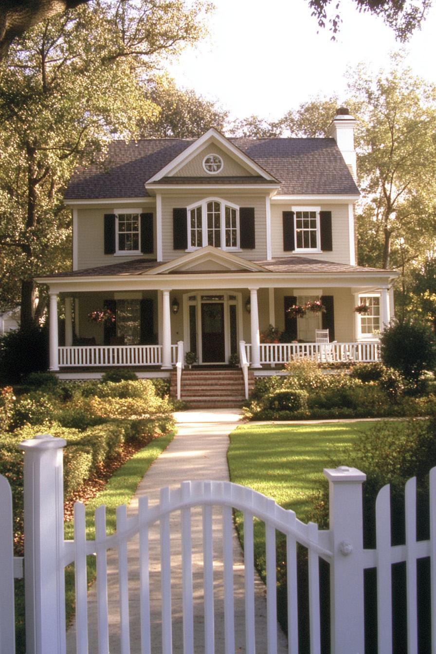 Charming house with a white picket fence and lush greenery