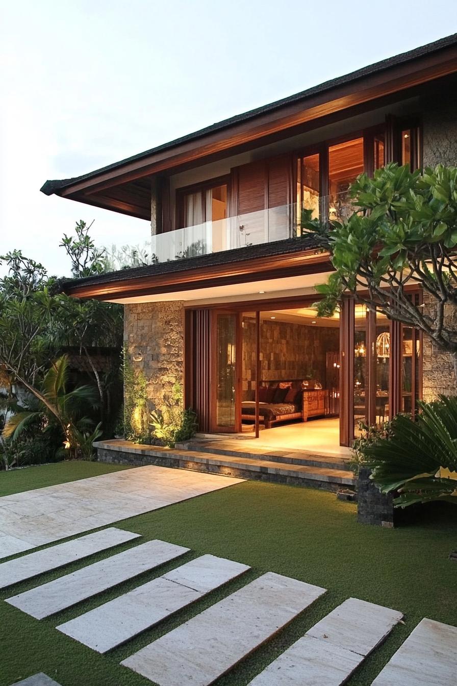 Modern Balinese house with lush greenery and glass accents