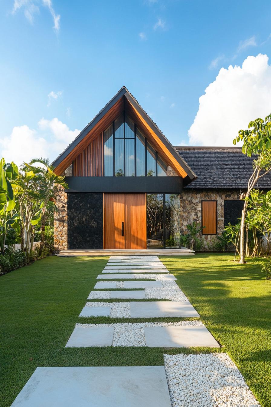 Balinese house with a triangular roof and stone facade