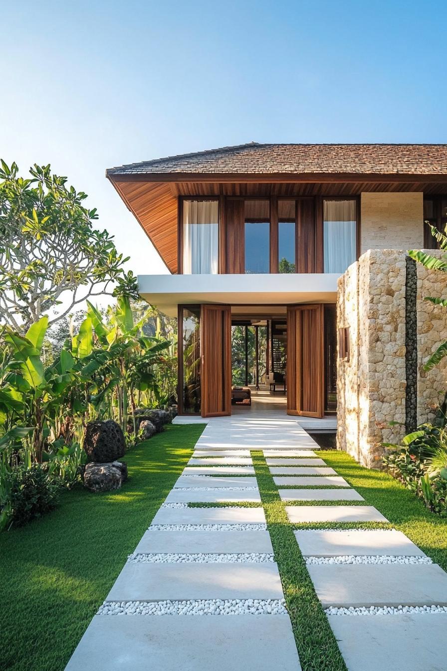 Stone pathway leading to a Balinese house with wooden details