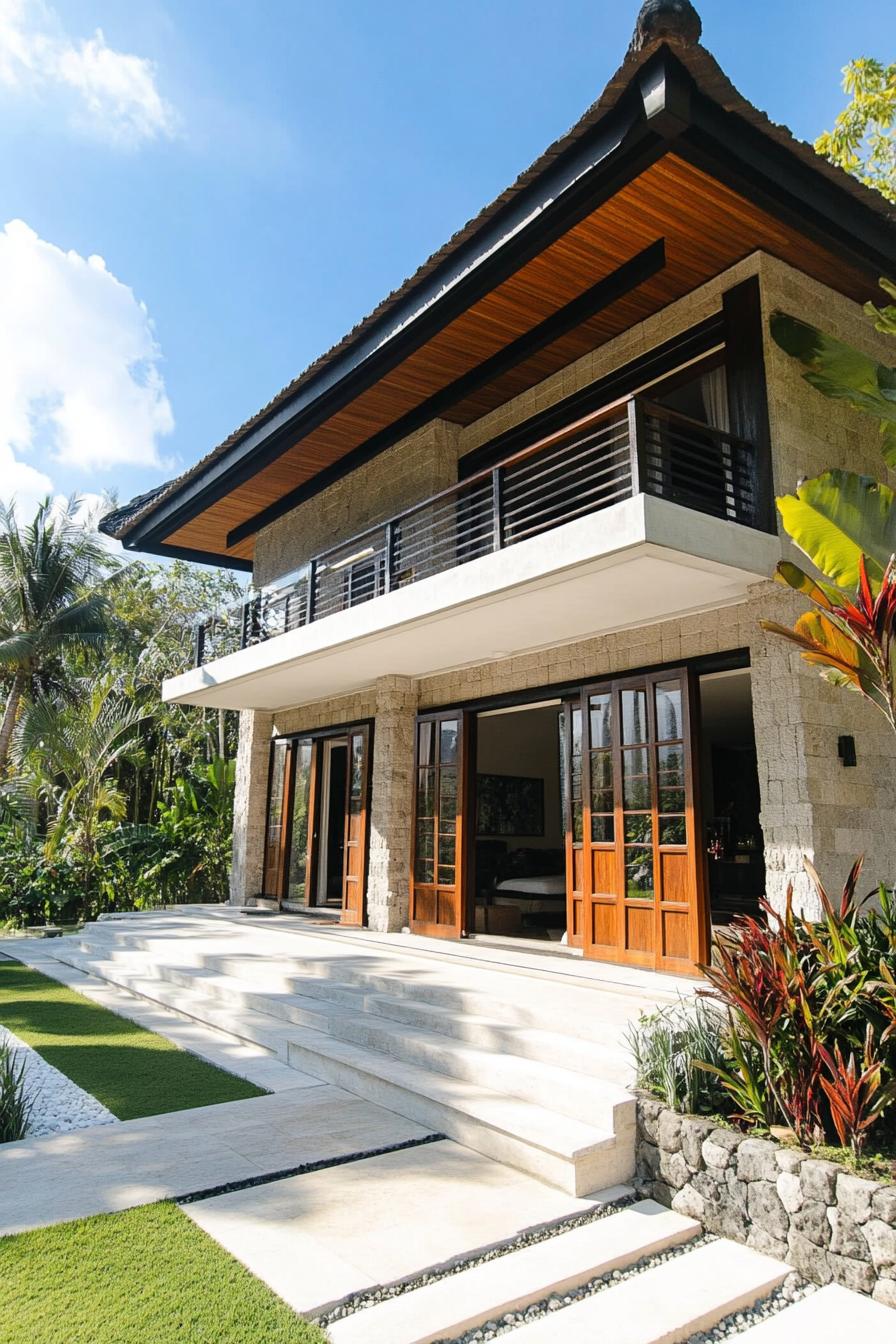 Modern Balinese house with open wooden doors and lush garden