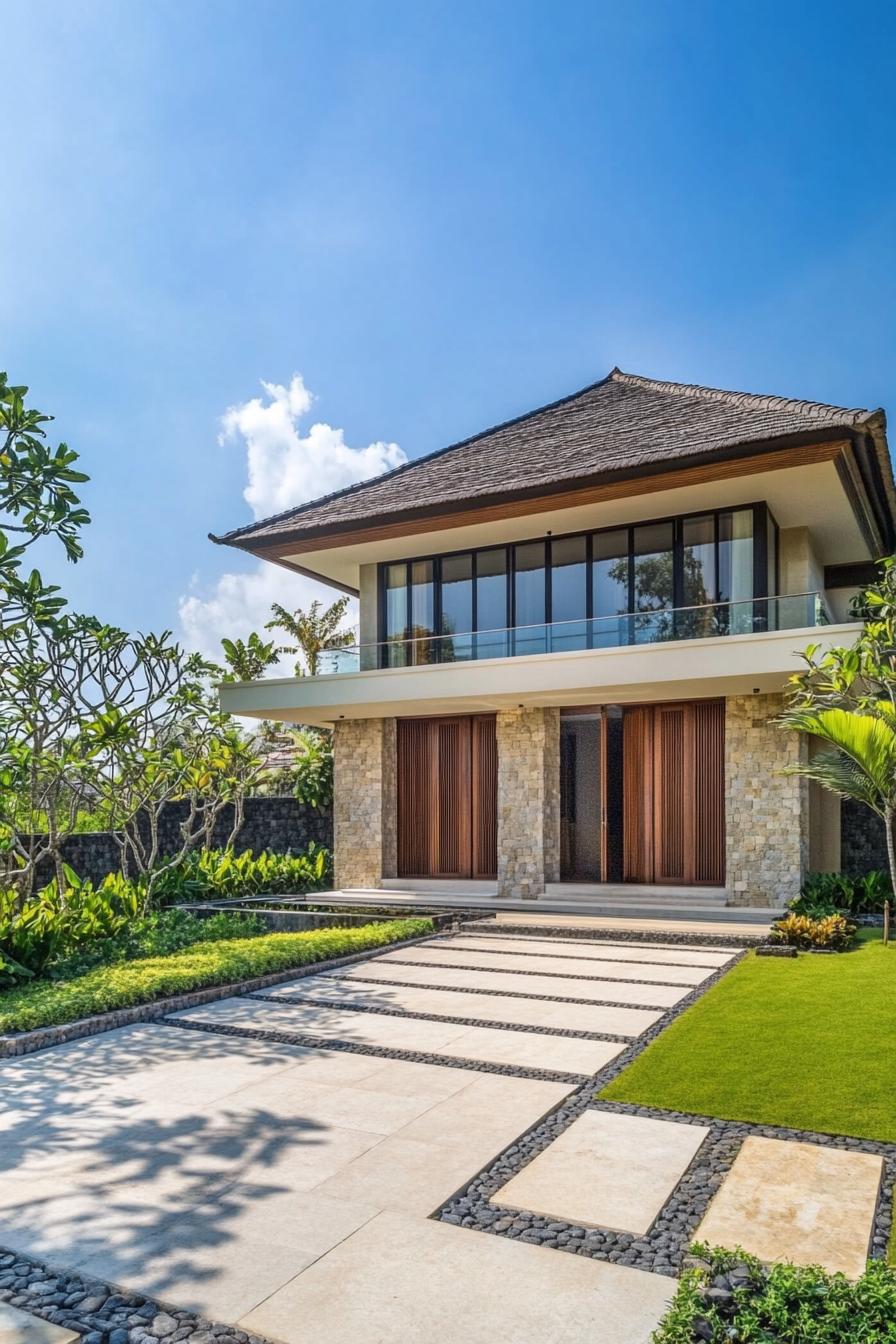 Elegant modern Balinese house under a sunny sky