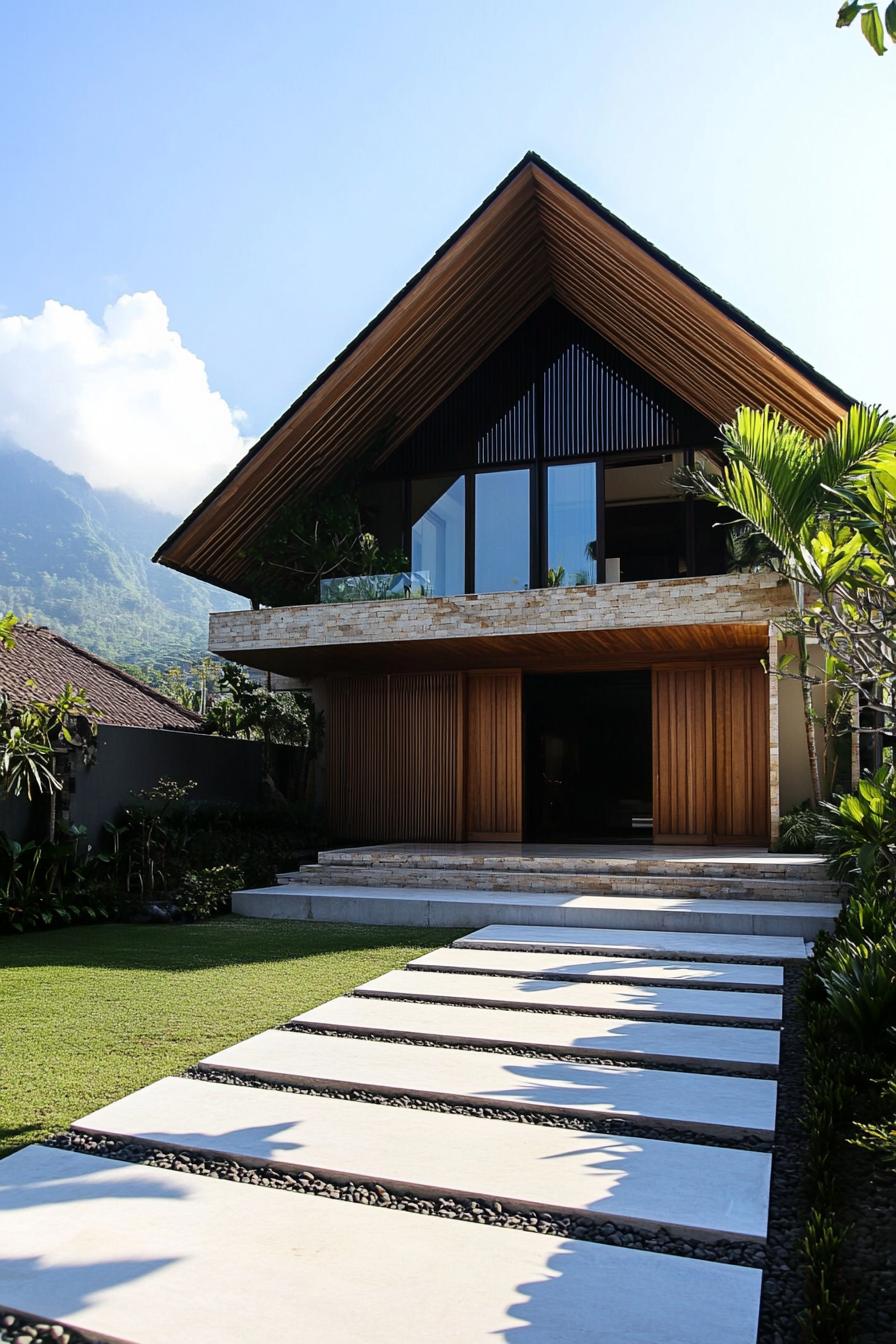 A modern Balinese house with a sharp triangular roof and glass windows