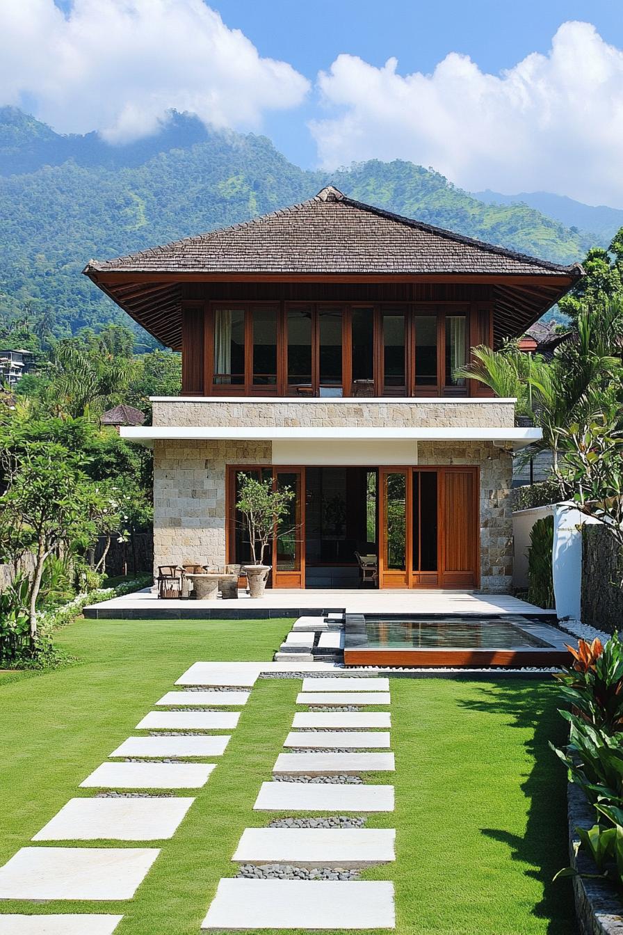 Modern Balinese house with lush garden and mountain backdrop