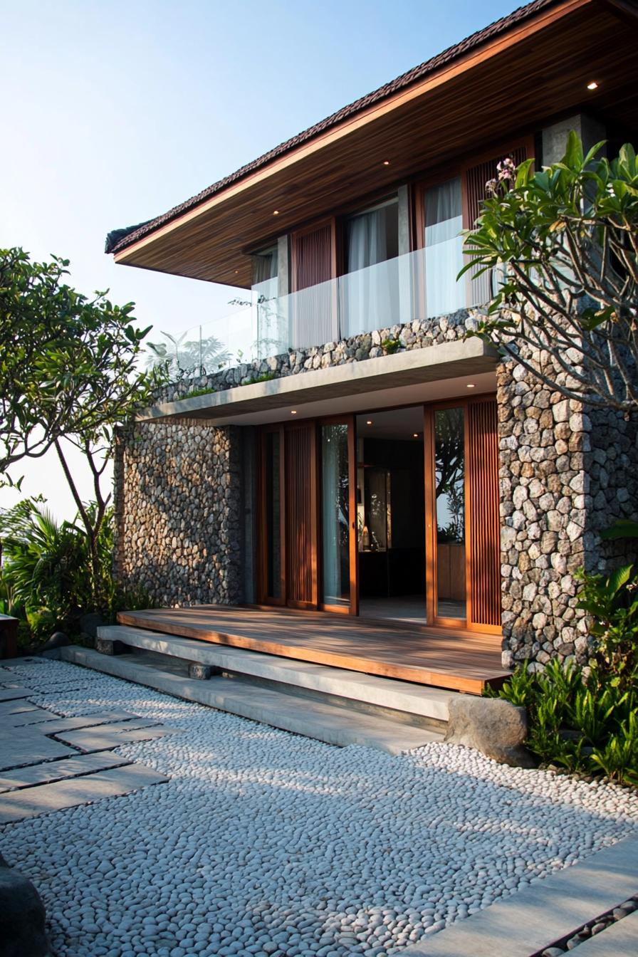 Stone house with lush greenery and a pebble pathway