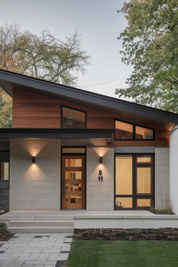 Wood and glass modern home facade