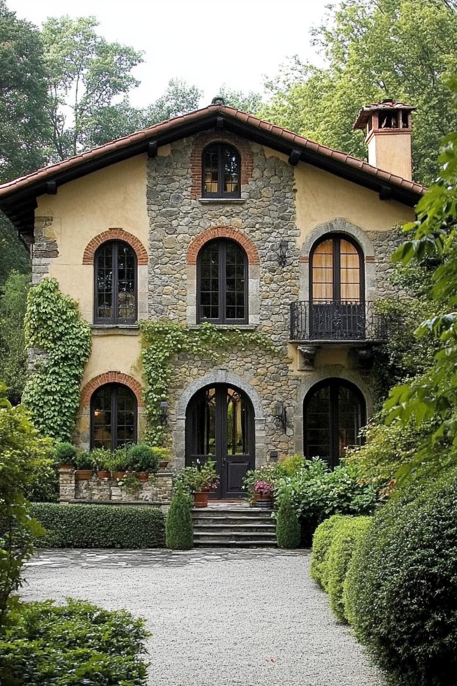 Tuscan-style stone house with lush greenery