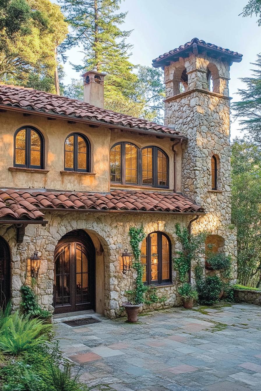 Charming Tuscan-style house with arched windows and stone facade