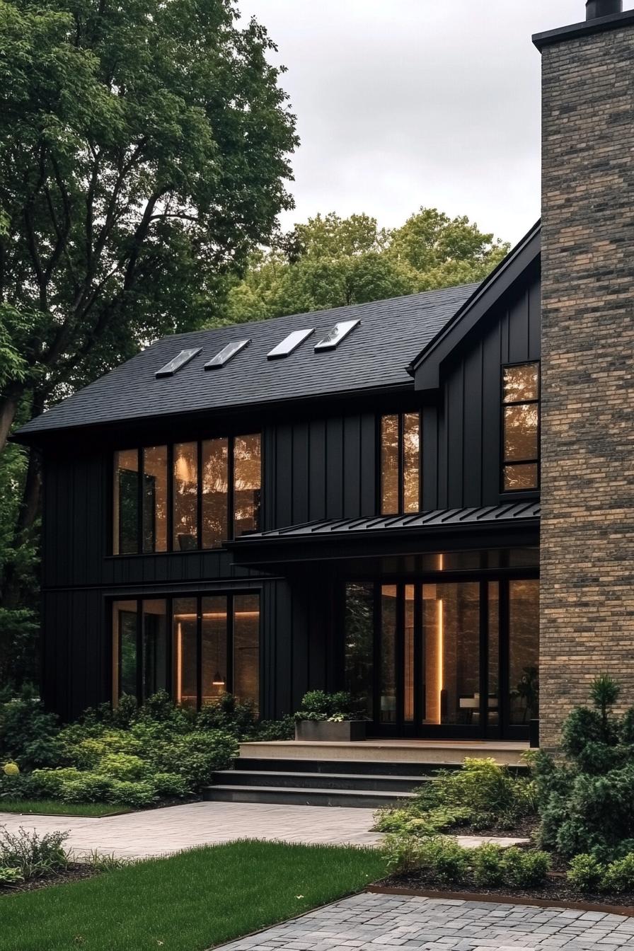 Modern black house with large windows surrounded by lush greenery