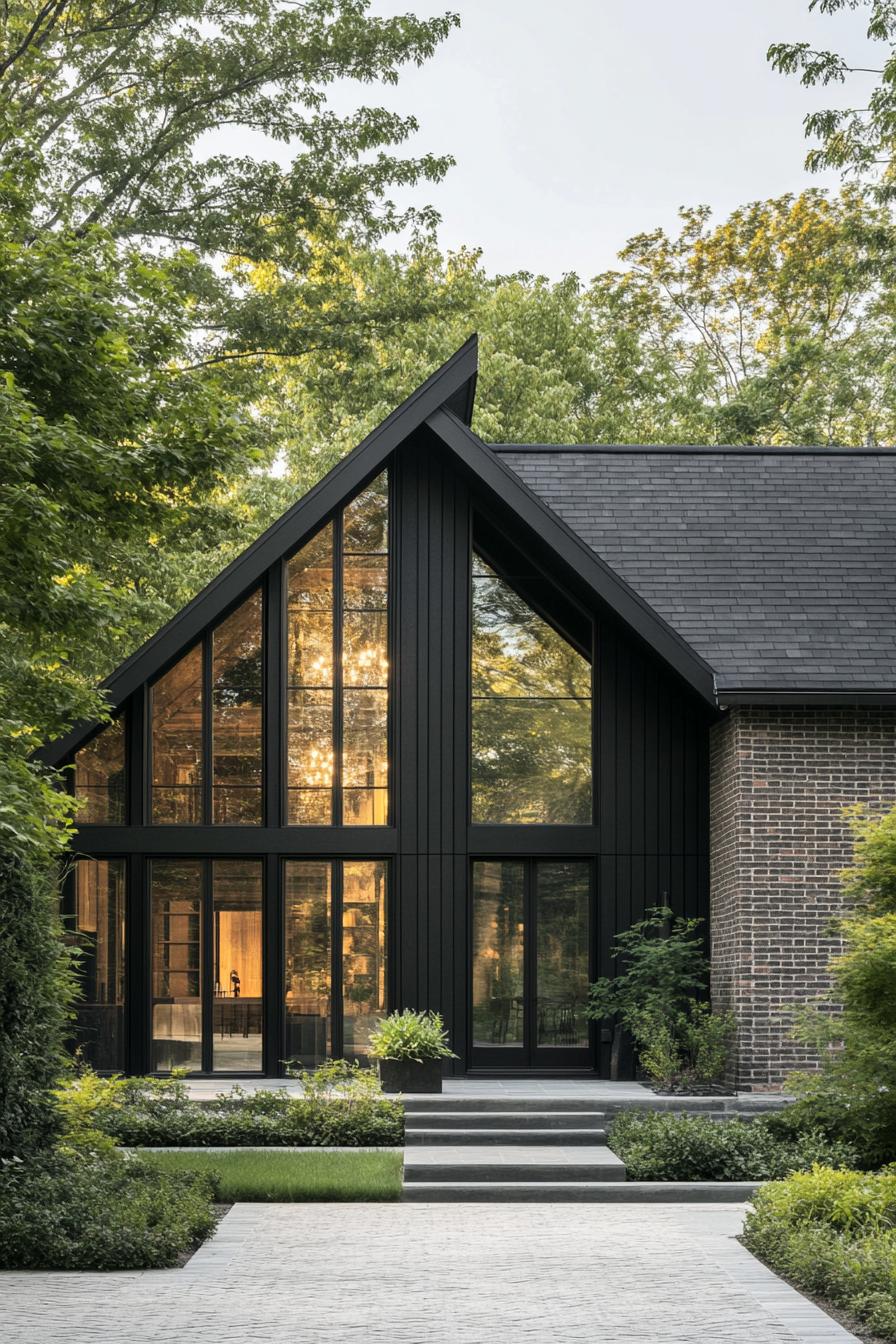 Large modern black house with tall windows among trees