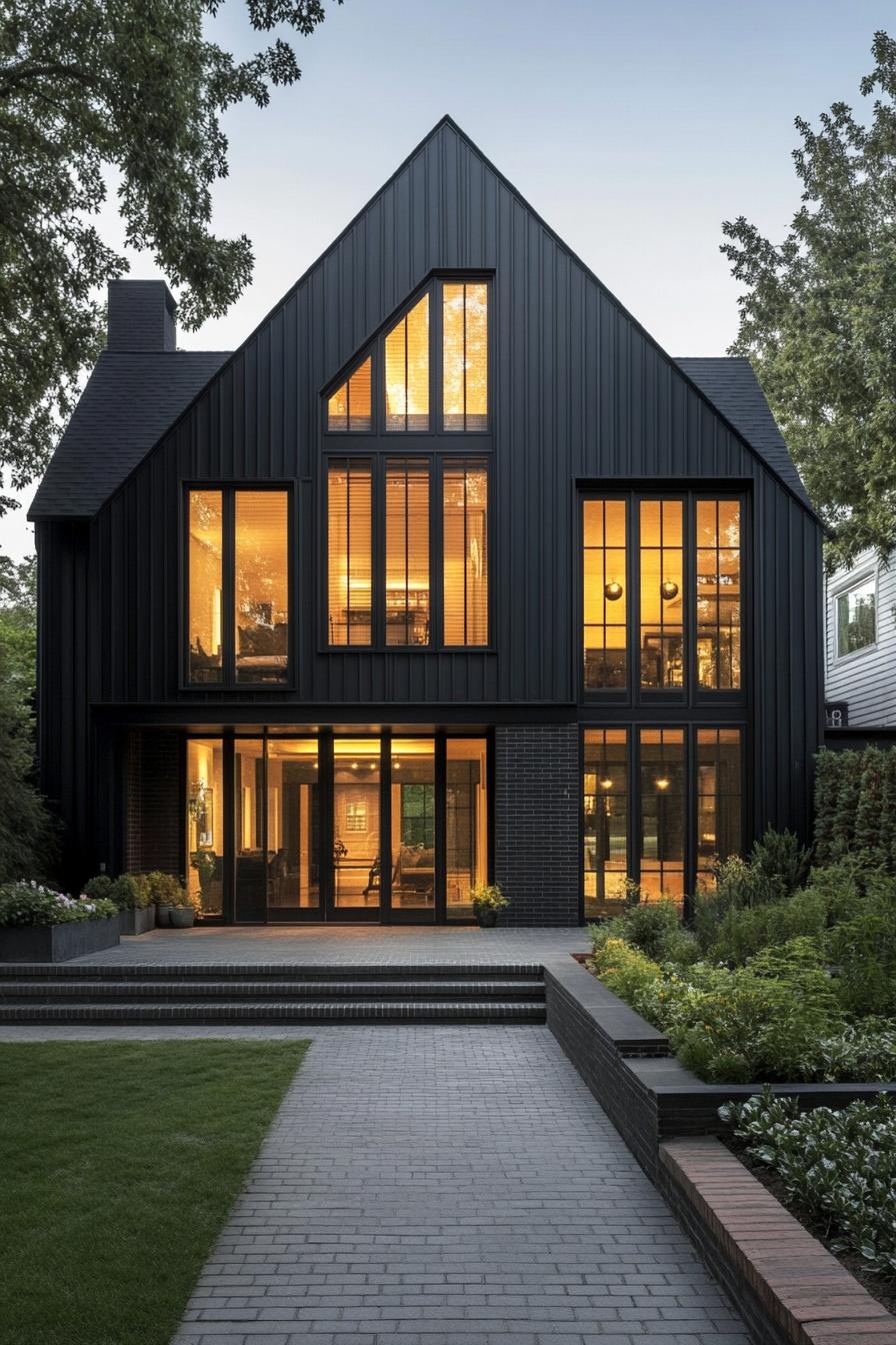 Sleek black house with large glowing windows