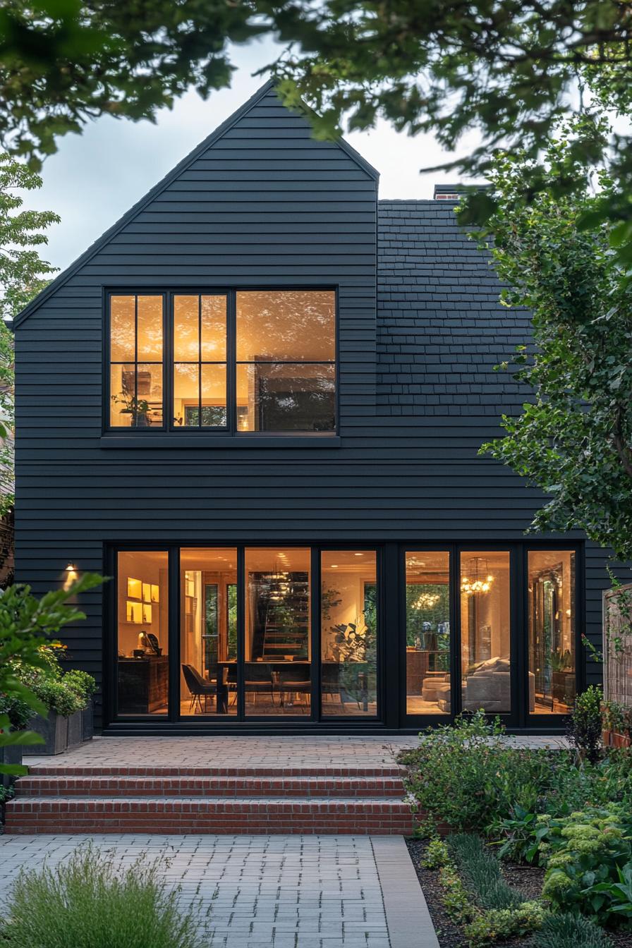 Chic black house with large windows and lush garden