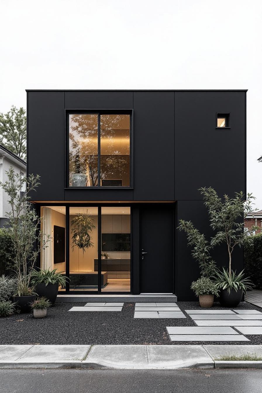 Sleek black house with large windows and stylish landscaping