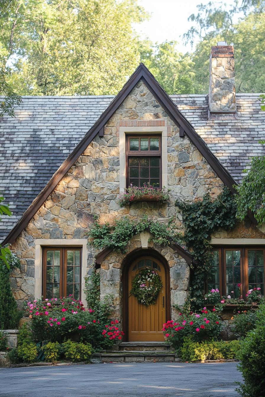 Cozy stone cottage with flowering vines and a wooden door