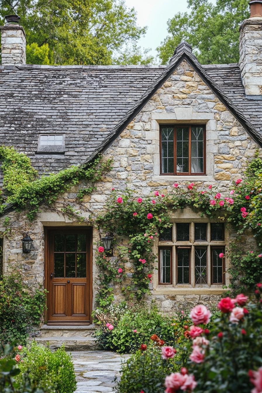 Quaint stone cottage with vines and pink flowers