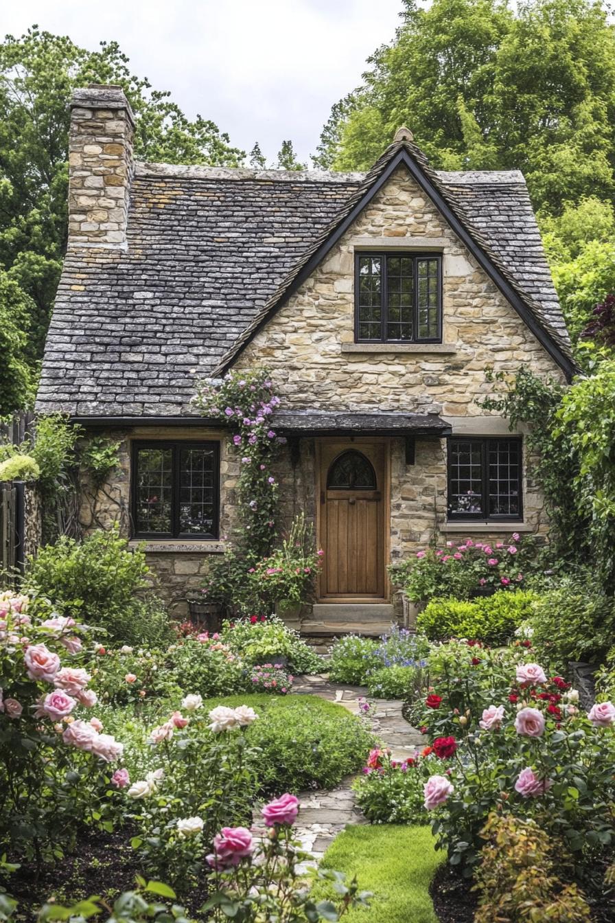 Charming stone cottage surrounded by lush garden blooms