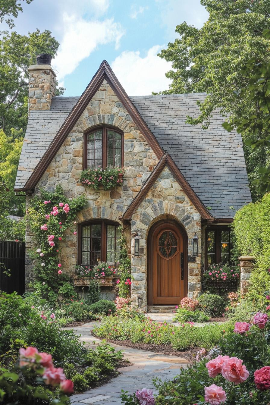 Rustic stone cottage surrounded by lush flowers