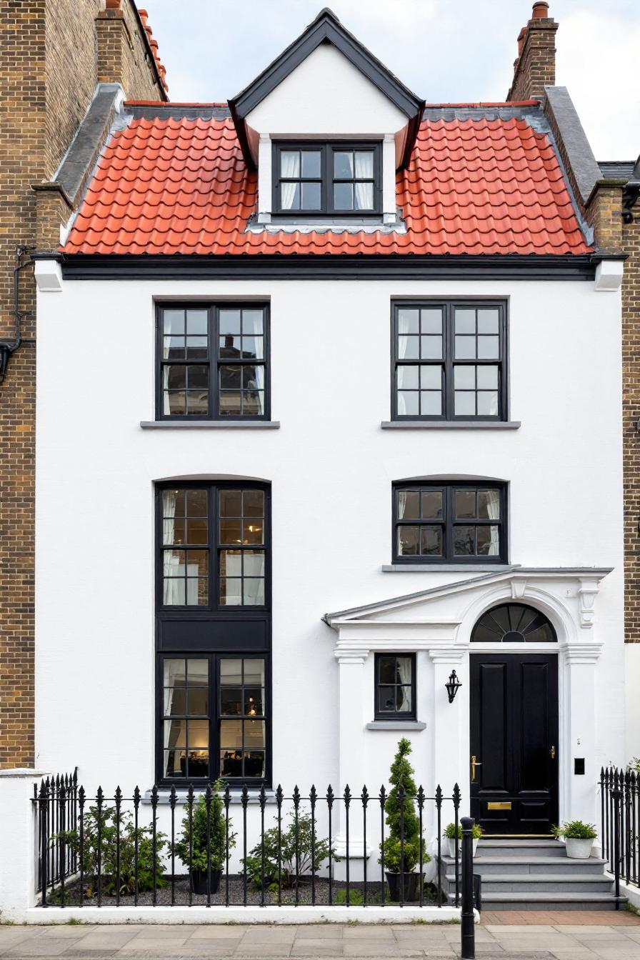 White townhome with red roof and black accents