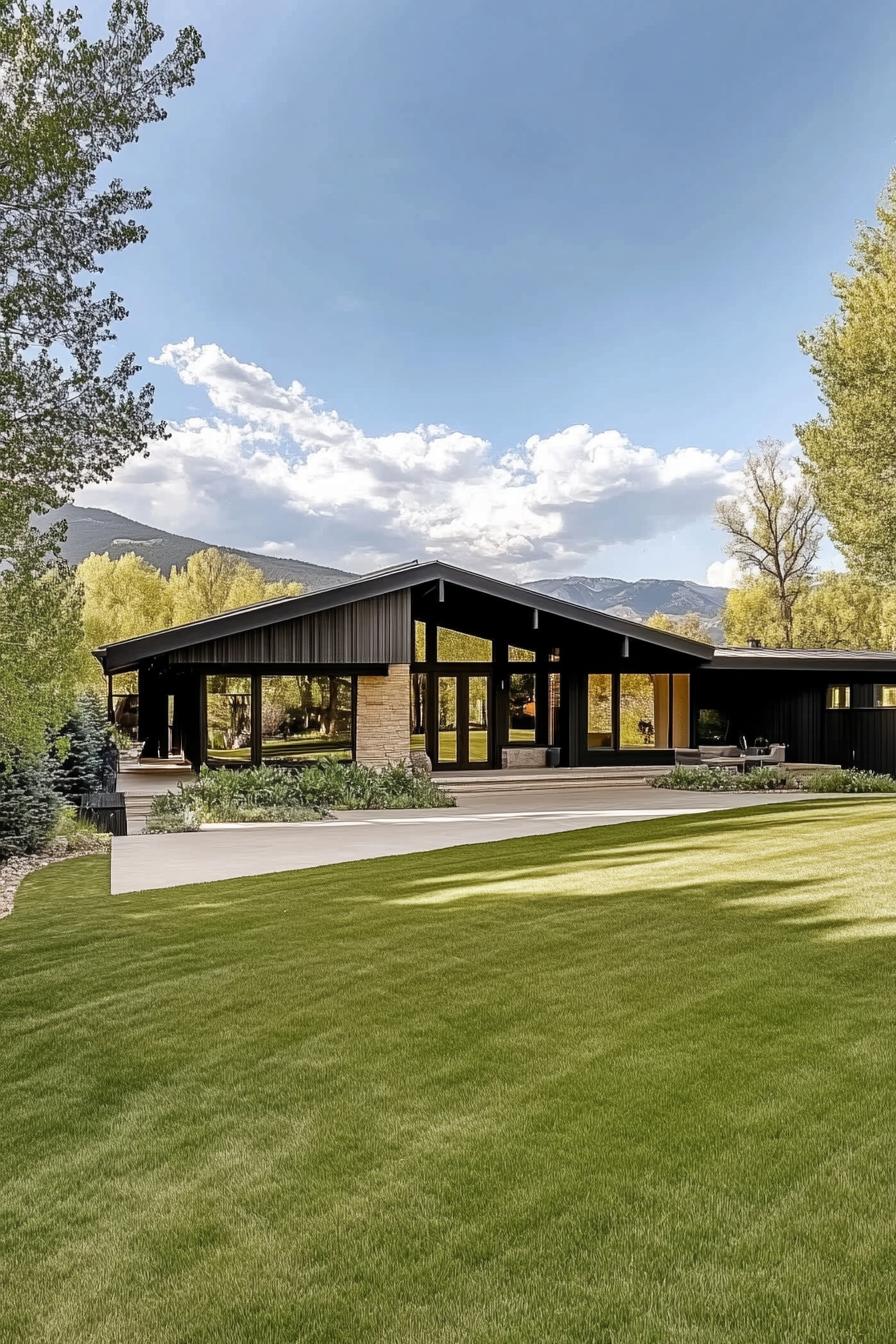 Modern rancher house with large windows and lush lawn