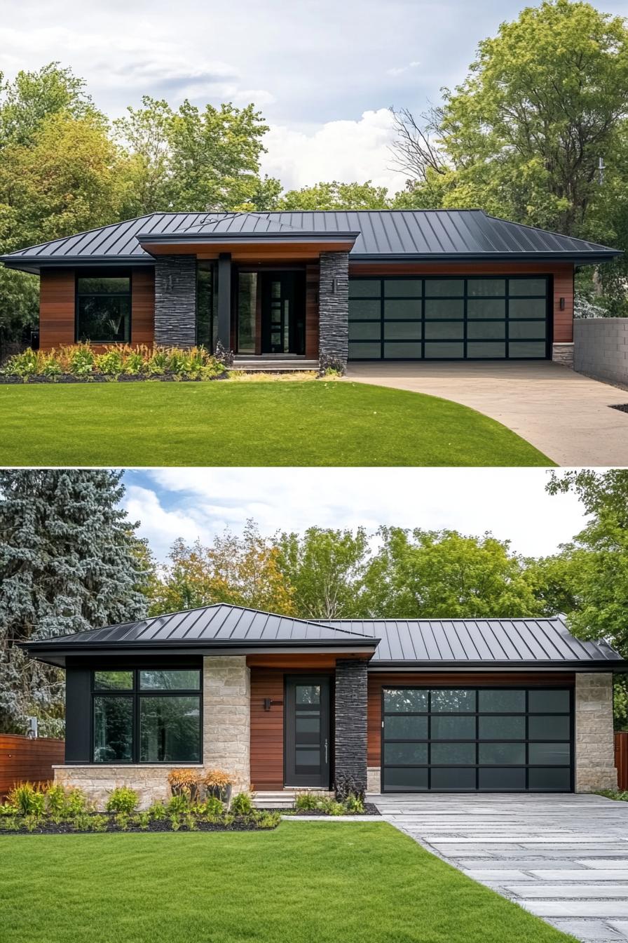 Modern ranch-style house with dark roof and large windows surrounded by lush greenery