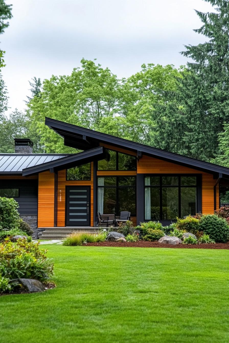 Modern ranch house with large windows and lush surroundings